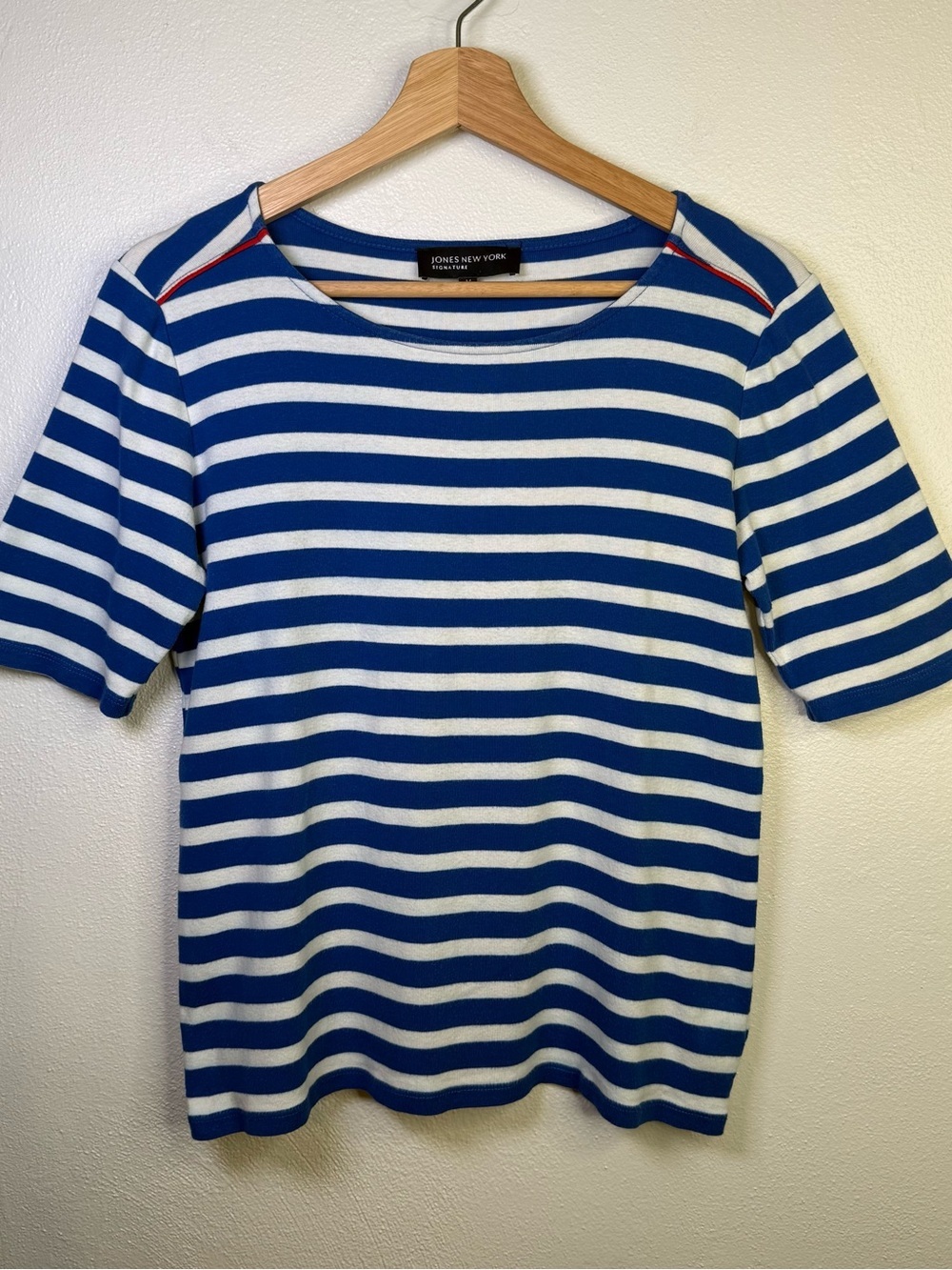 Jones New York Signature Blue & White Nautical Striped 3/4 Sleeve Top Siz Medium